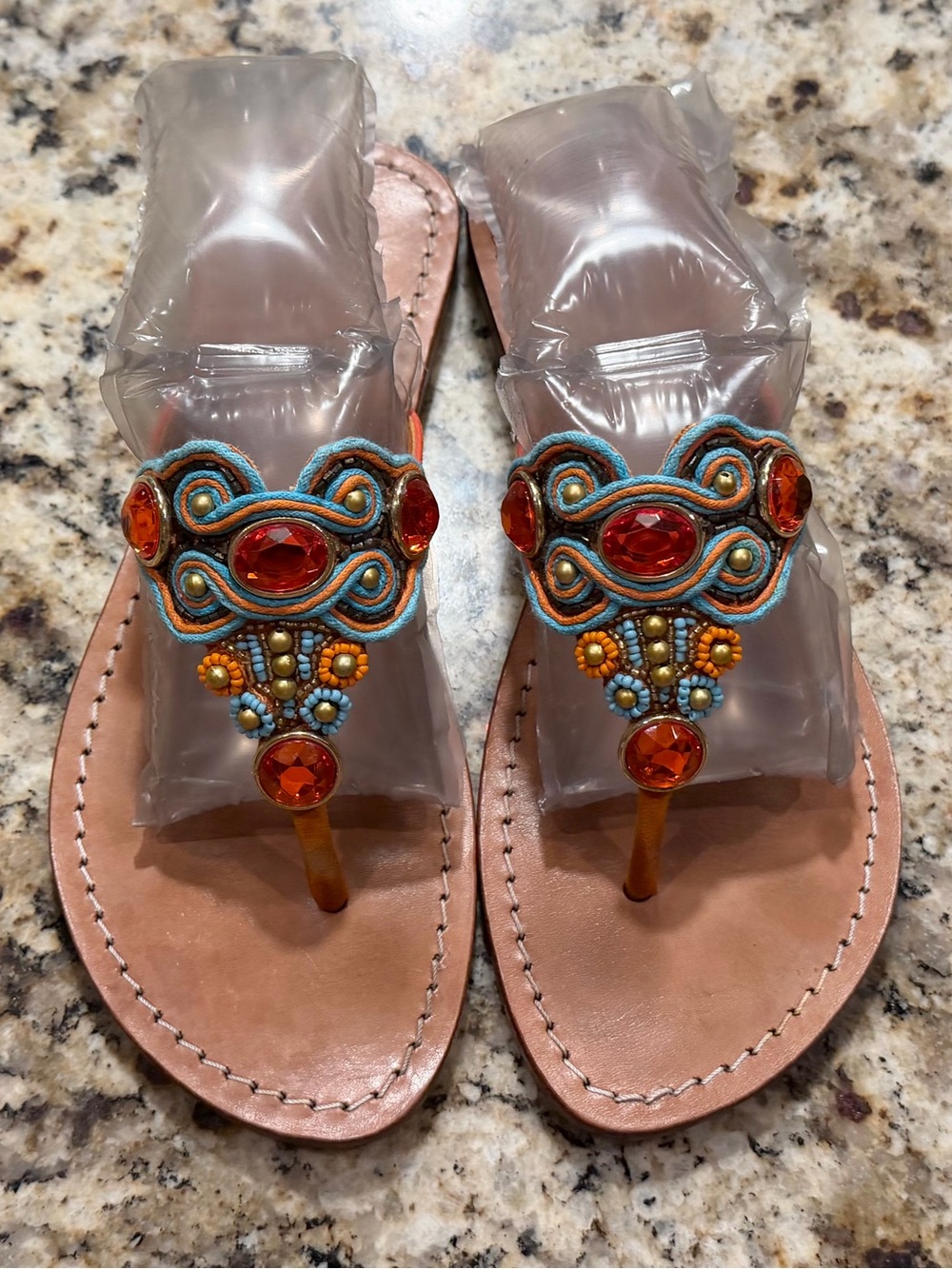 Mystique Boutique Coral Leather Sandals with Turquoise and Orange Jewel Accents